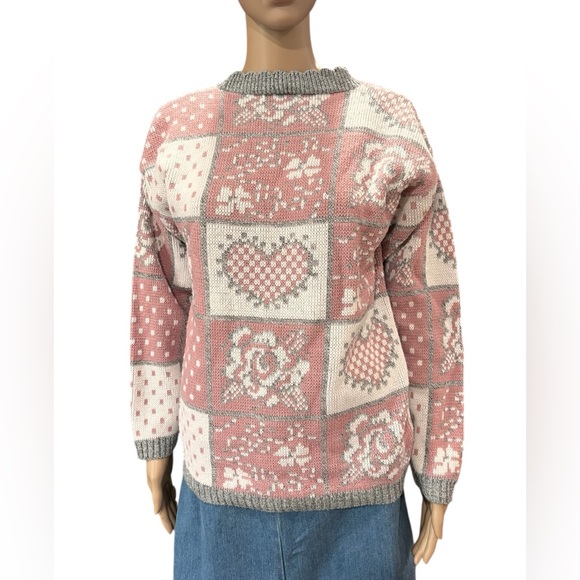 private eyes Sweaters - Vintage Adele Knit 80’s snow bunny pastel hearts and flowers knit sweater